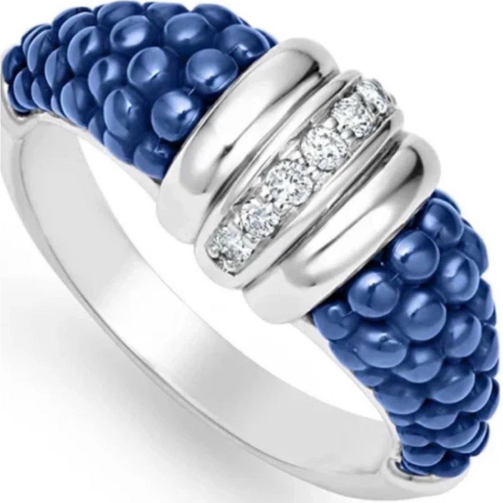 Lagos Marine Ceramic Caviar Diamond silver 925 stacking Ring New $900 sz 7